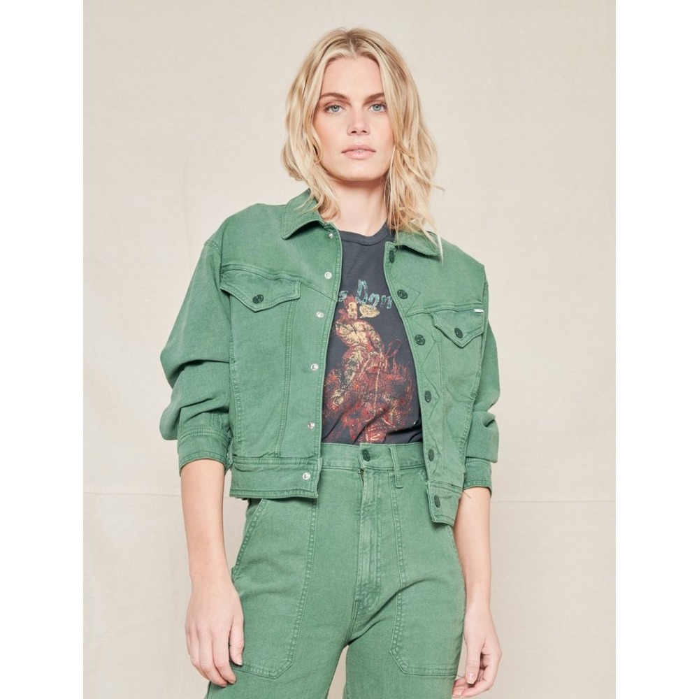 MOTHER‎ The Fly Away Denim Jacket in Amy Army Women Medium Boxy Cropped USA $295